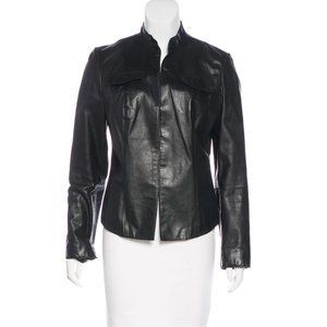 Leather Short Hem Blazer Jacket KENNETH COLE Black Banded Collar Womens M 6 8